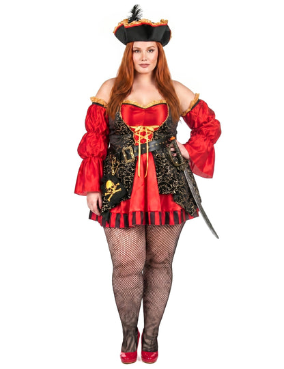 Disfarce de pirata vermelho de luxo em tamanho grande para mulher