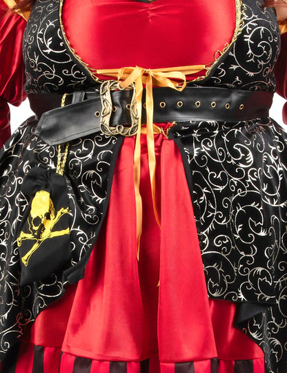Disfarce de pirata vermelho de luxo em tamanho grande para mulher