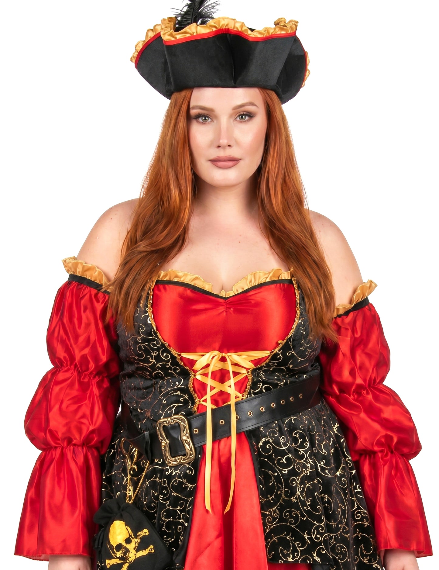 Disfarce de pirata vermelho de luxo em tamanho grande para mulher