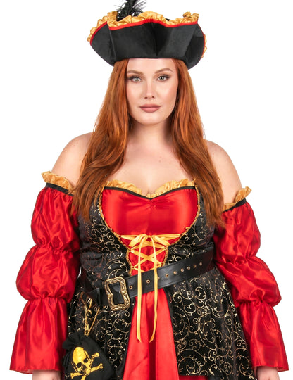 Disfarce de pirata vermelho de luxo em tamanho grande para mulher