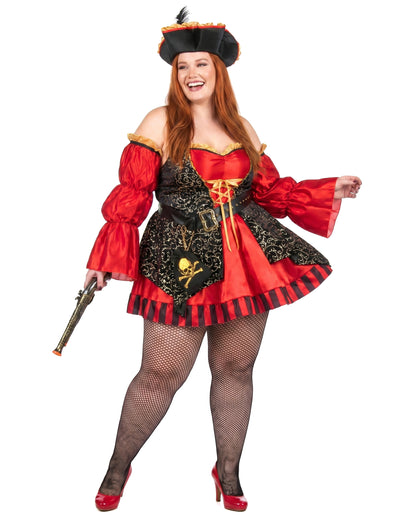 Disfarce de pirata vermelho de luxo em tamanho grande para mulher