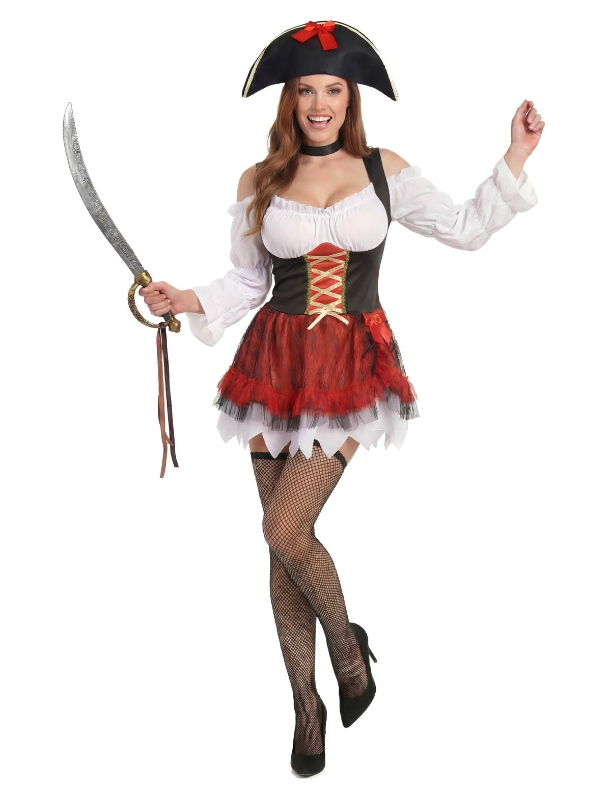 Déguisamento pirata sexy para mulher branco e vermelho com chapéu e sabre