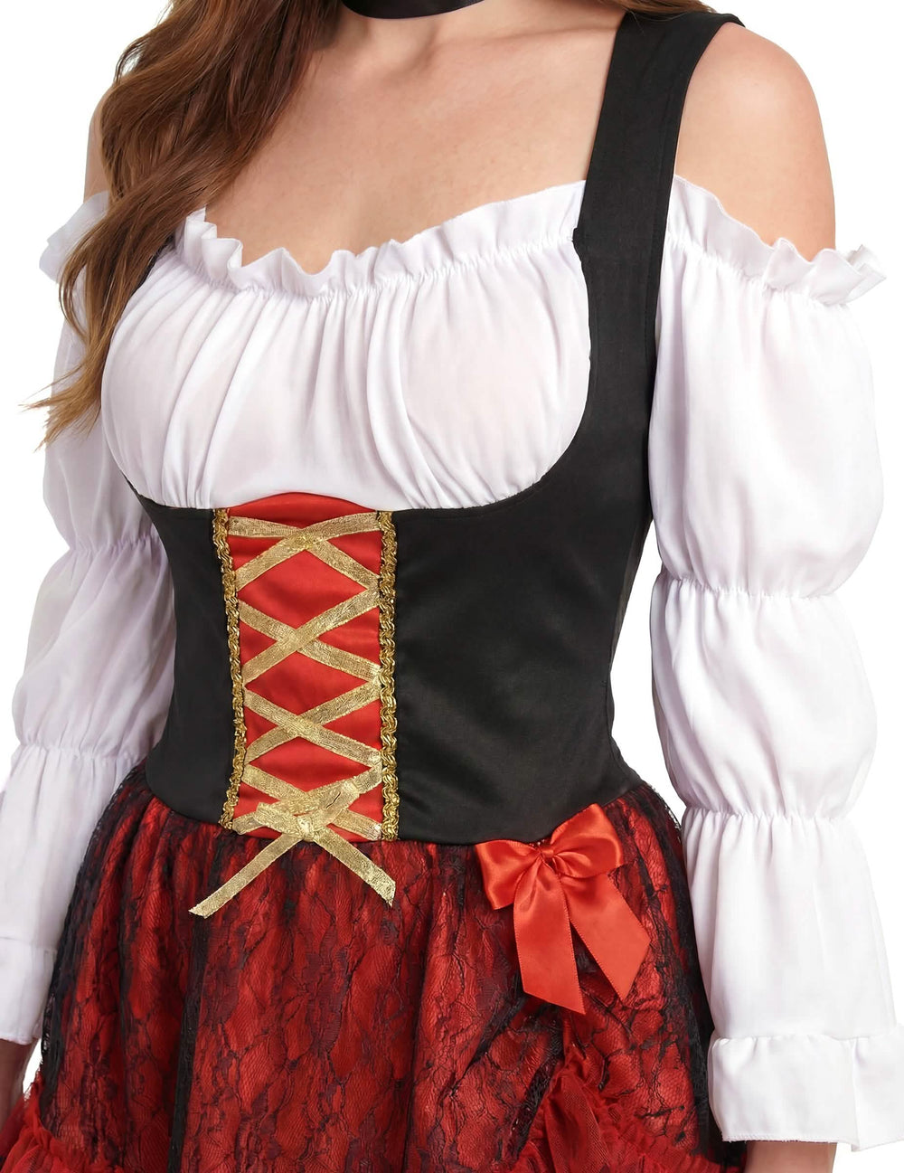 Detalhe do corpete vermelho com atilhos dourados do disfarce pirata sexy para mulher