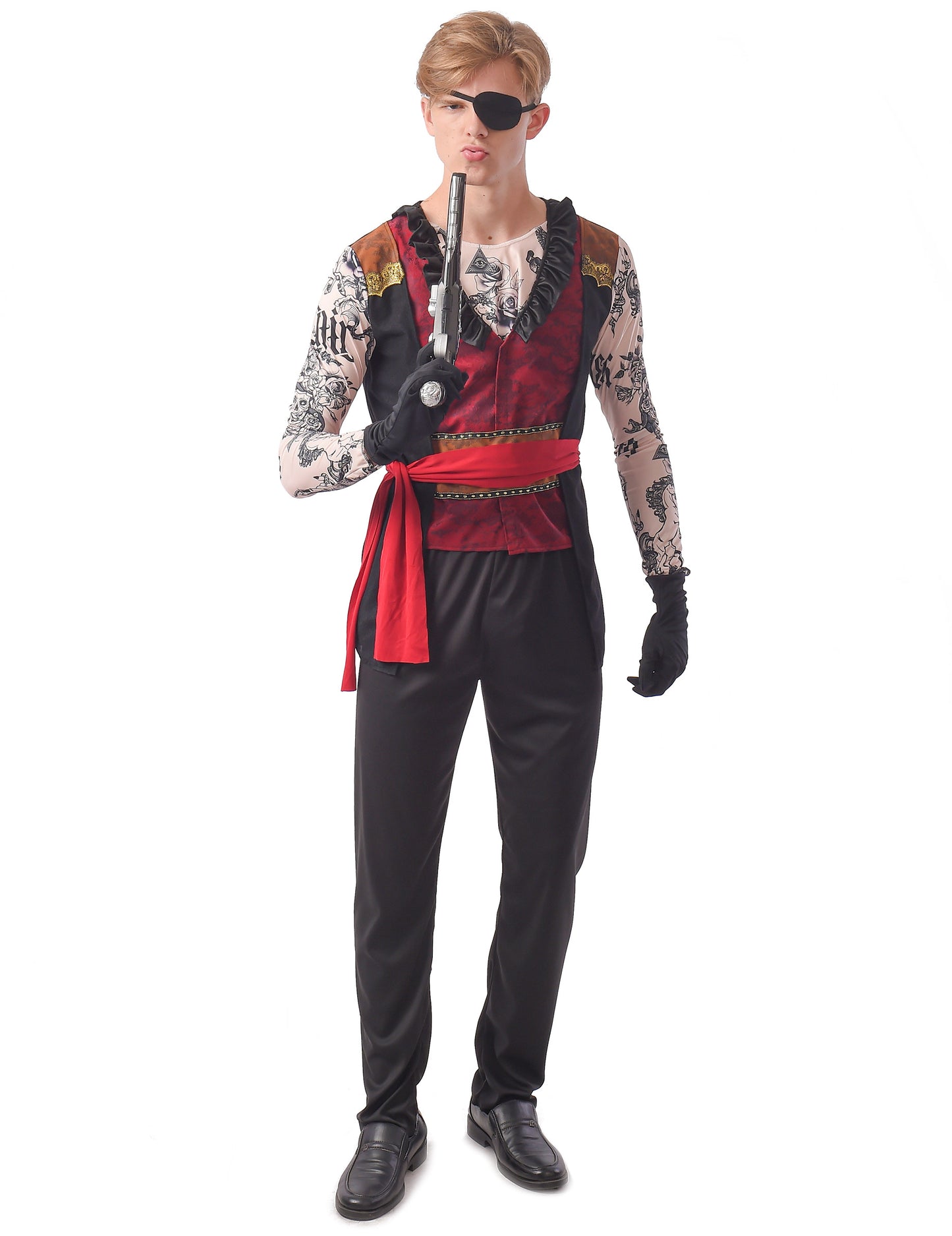 Déguisement de pirate tatoué pour homme rouge et noir avec manches effet tatouage et cache-œil