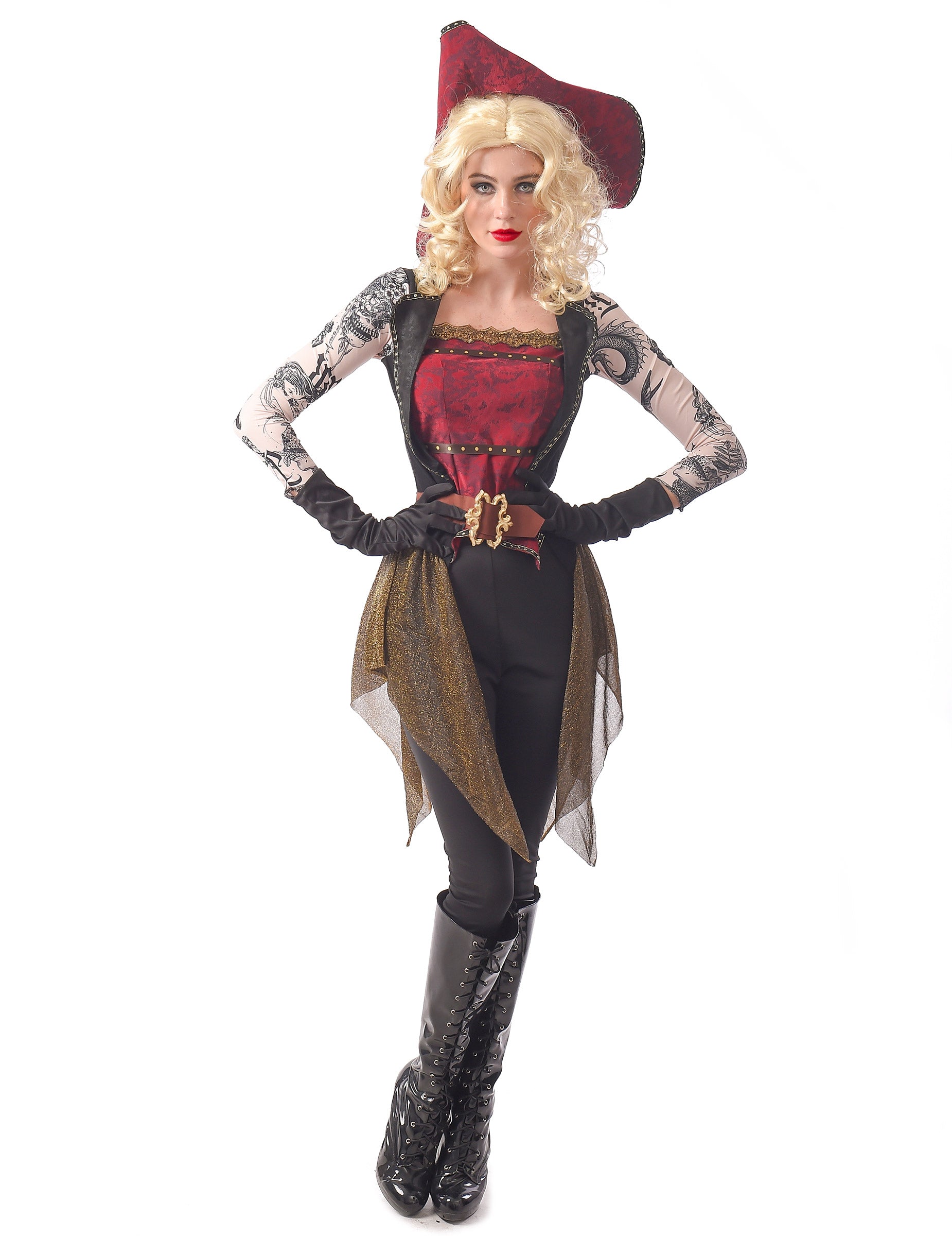 Déguisement de pirate tatouée pour femme noir et rouge avec manches à motifs tatouages