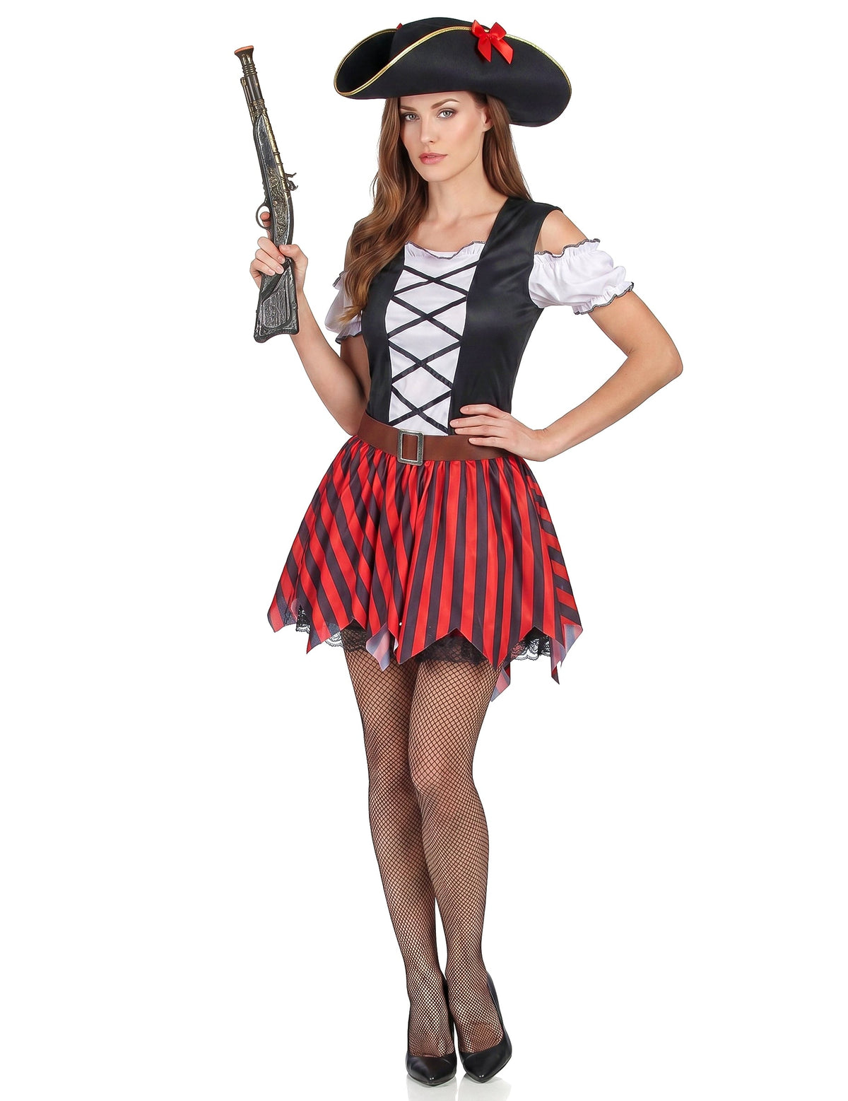 Disfarce pirata listrado vermelho e preto - mulher