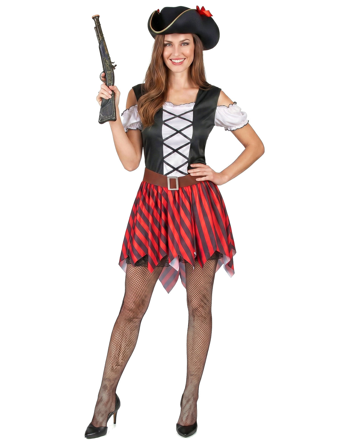 Disfarce pirata listrado vermelho e preto - mulher