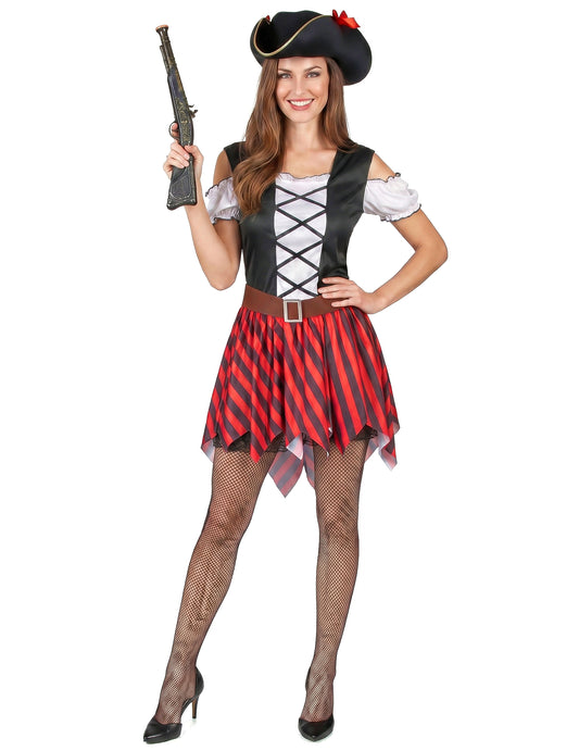 Disfarce pirata listrado vermelho e preto - mulher