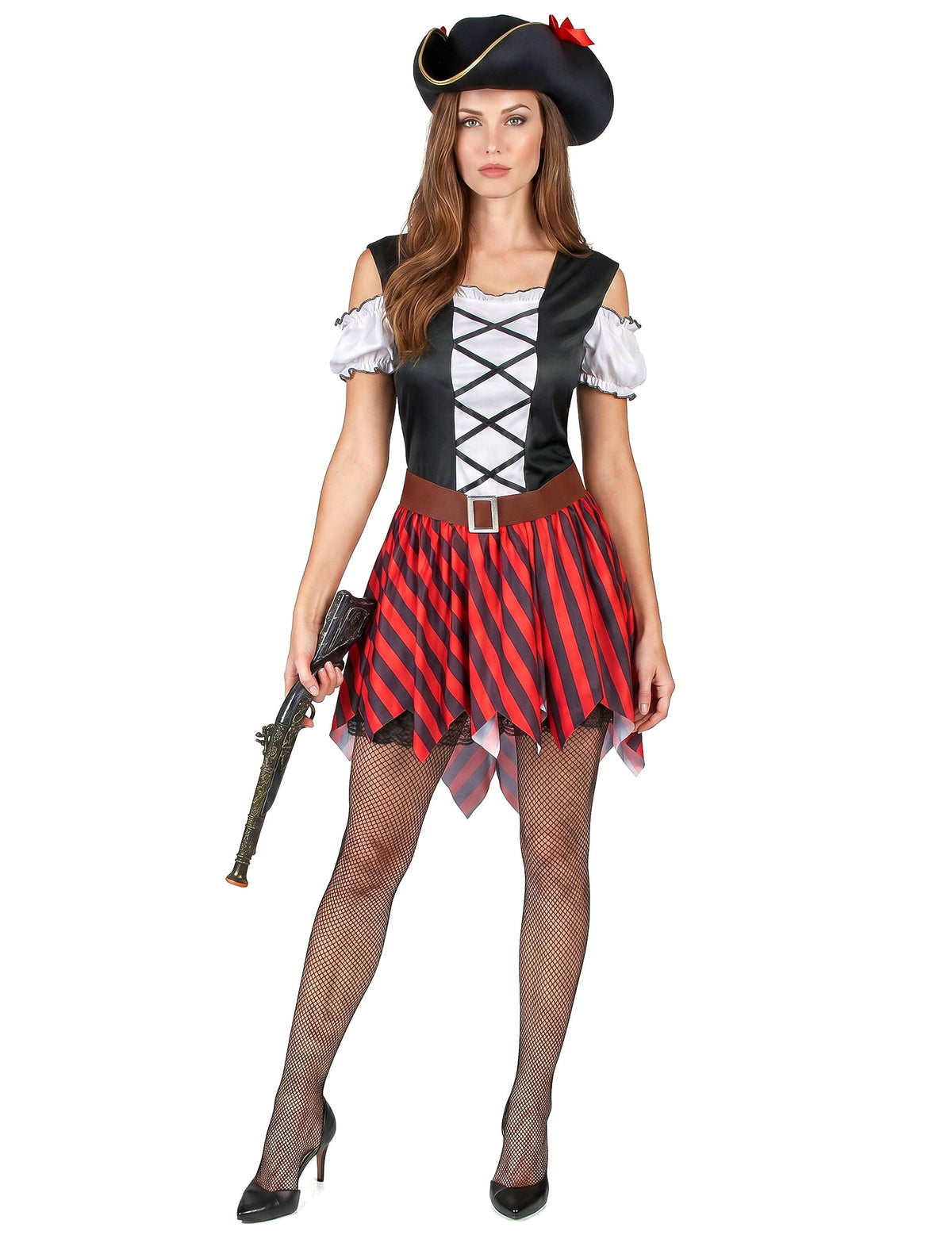 Disfarce pirata listrado vermelho e preto - mulher