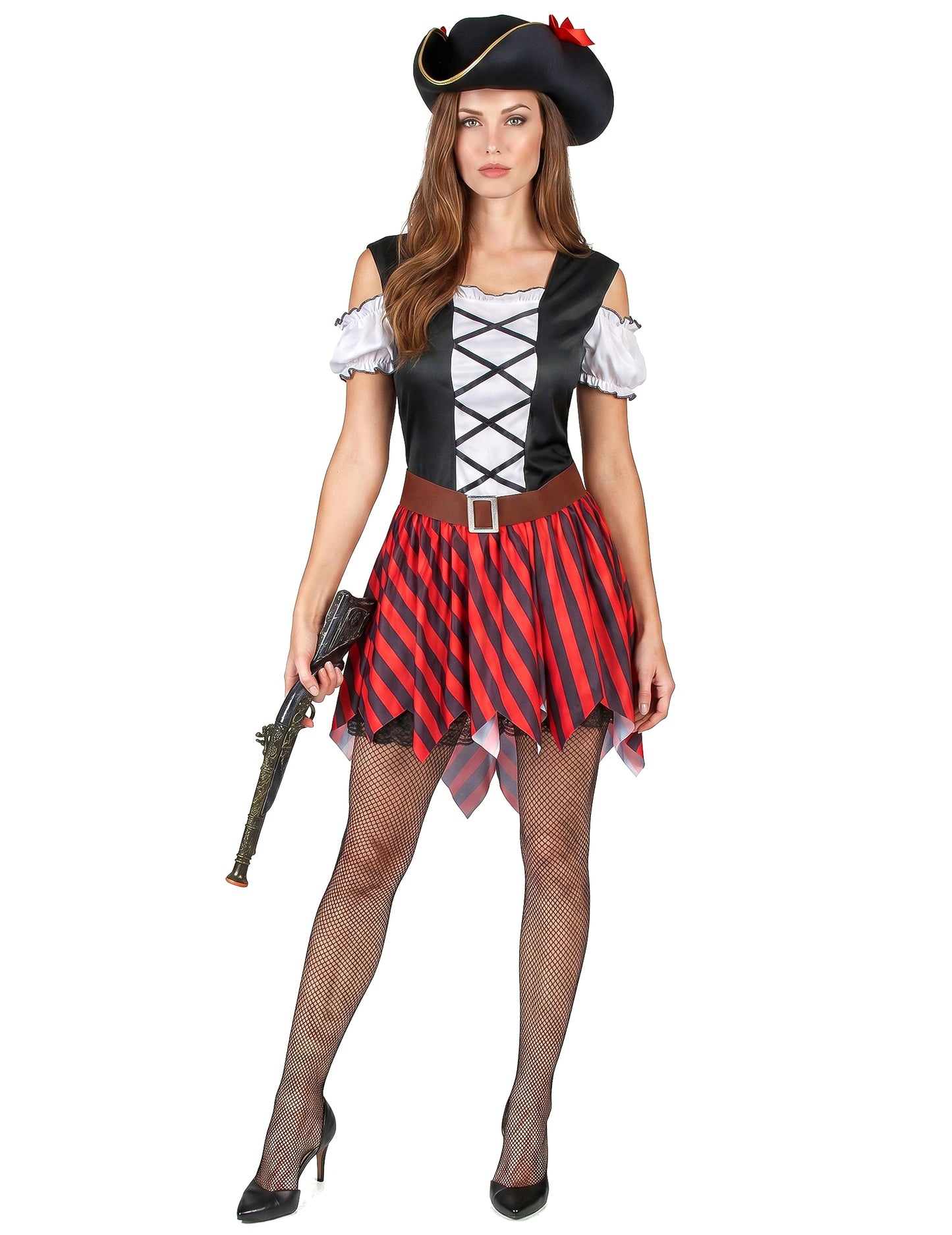 Disfarce pirata listrado vermelho e preto - mulher