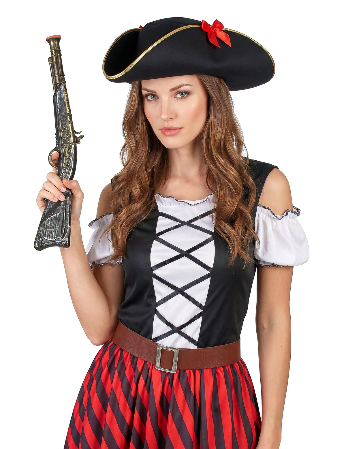 Disfarce pirata listrado vermelho e preto - mulher