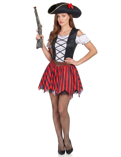 Disfarce pirata listrado vermelho e preto - mulher