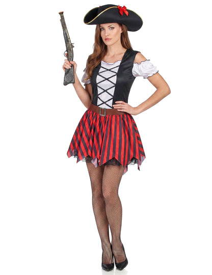 Disfarce pirata listrado vermelho e preto - mulher