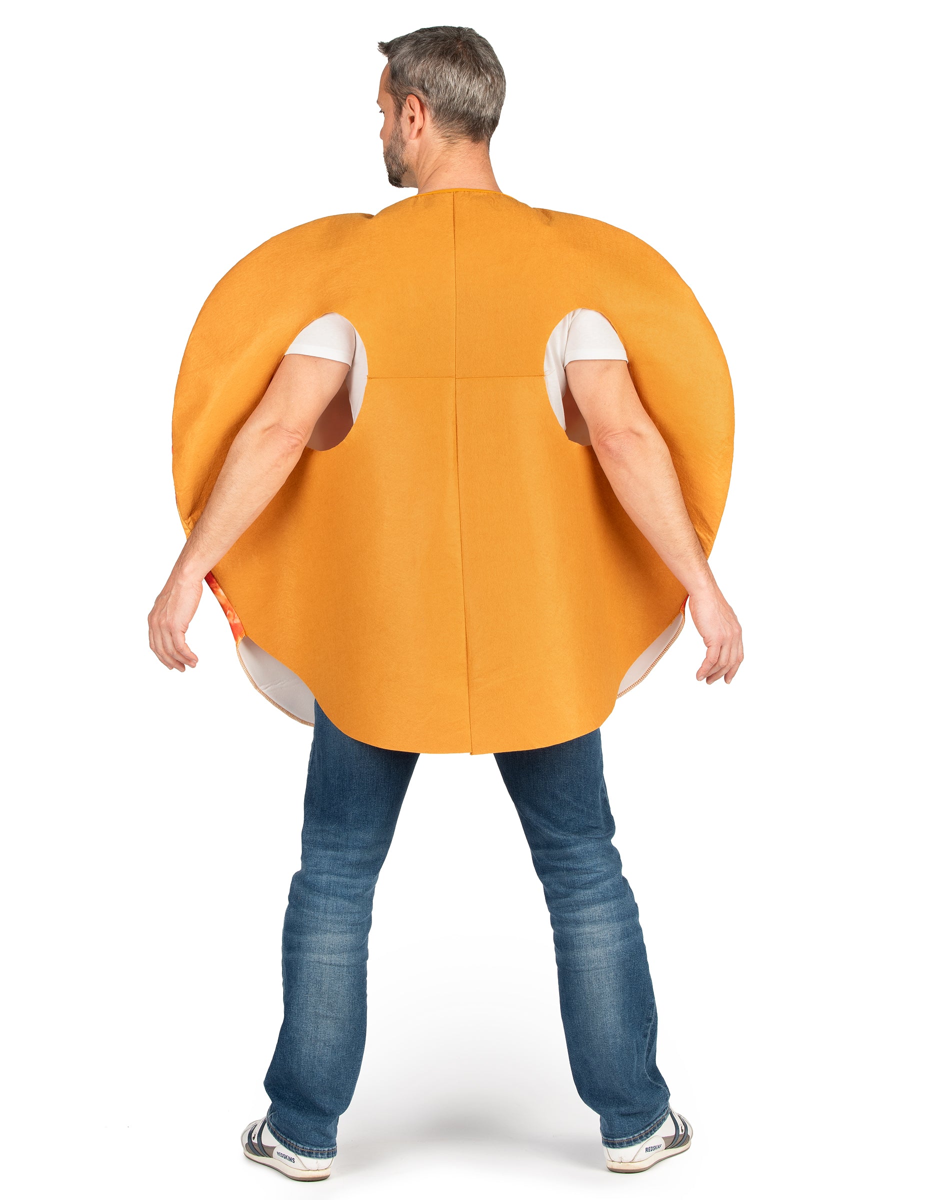 Vue de dos du déguisement pizza pour adulte au pepperoni