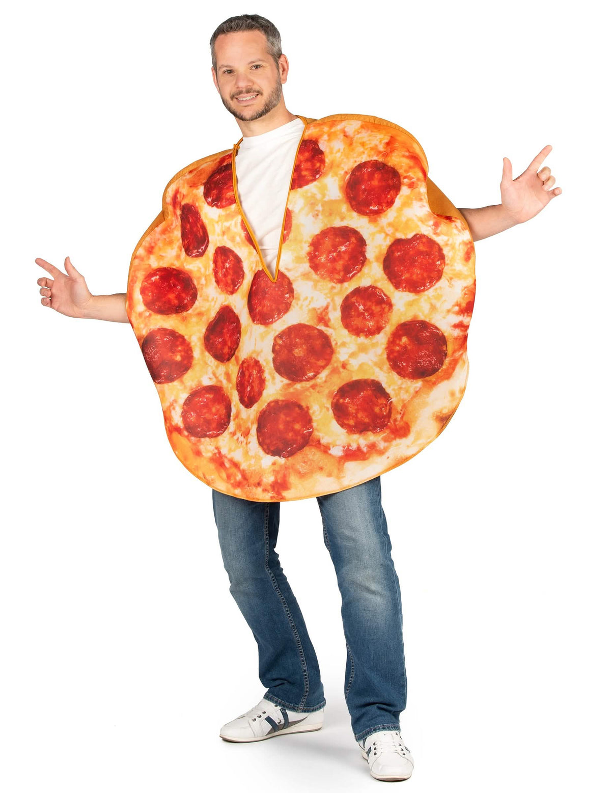 Vista frontal do disfarce de pizza para adulto com pepperoni
