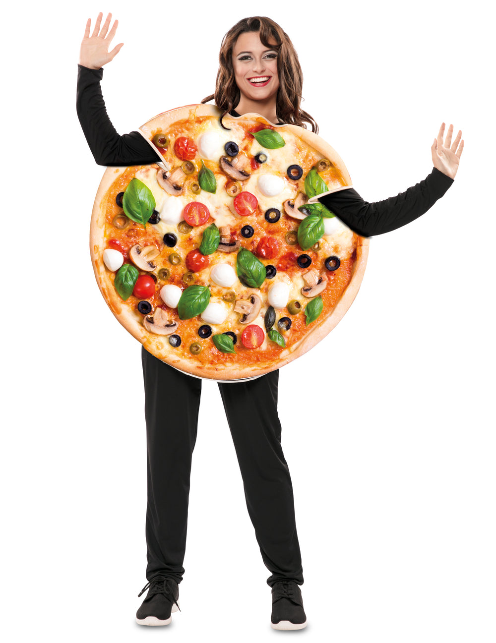 Vue de face du déguisement de pizza pour adulte