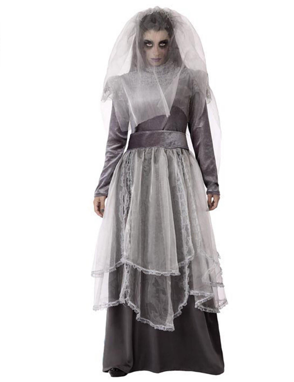 Fato de noiva fúnebre para mulher cinzenta com véu