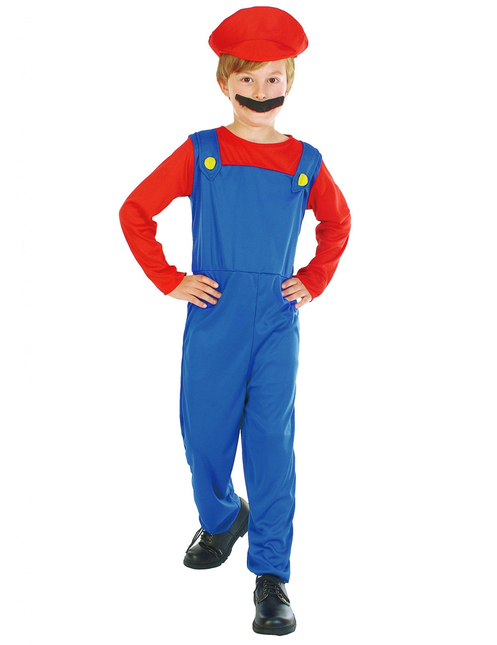 Déguisement de plombier pour garçon rouge et bleu avec casquette et moustache