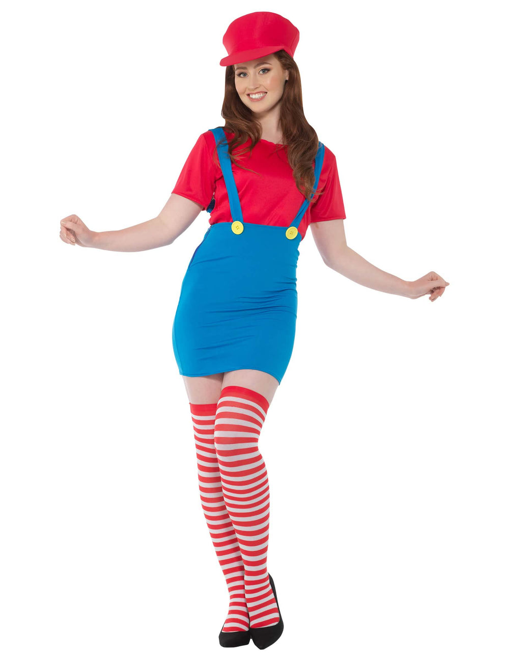 Fato de encanadora vermelho para mulher vermelho e azul com saia e boné