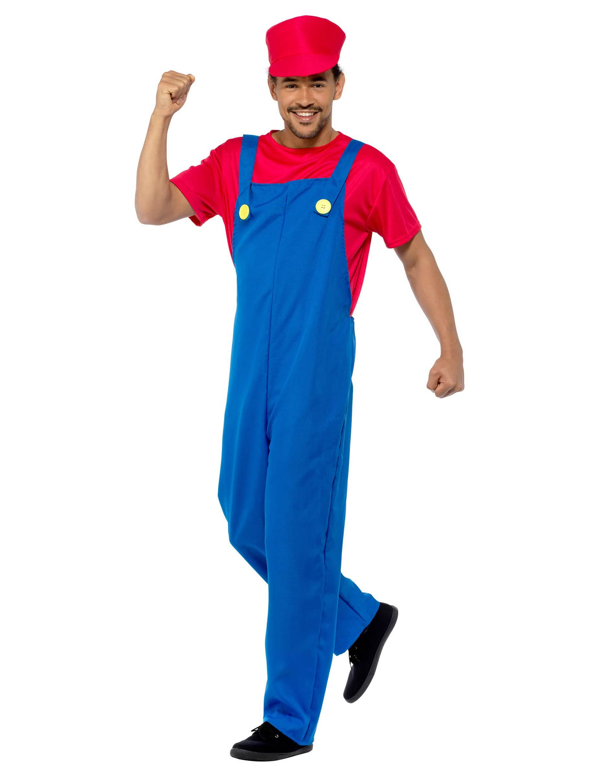 Fato de encanador vermelho para homem azul e vermelho com boné e botões amarelos