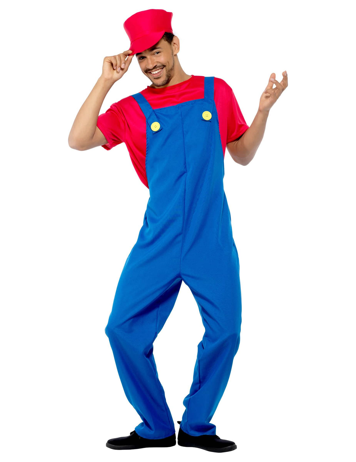 Vista frontal do fato de encanador vermelho para homem