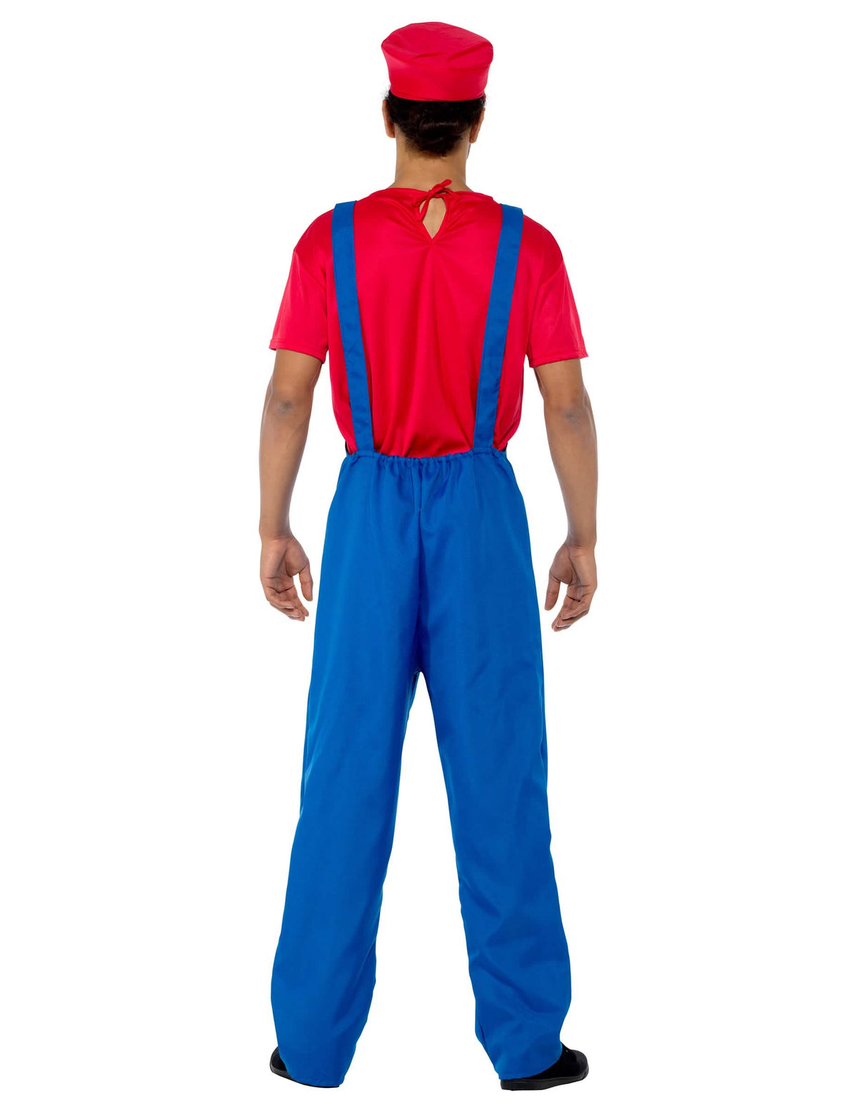 Vista de trás do fato de encanador vermelho para homem