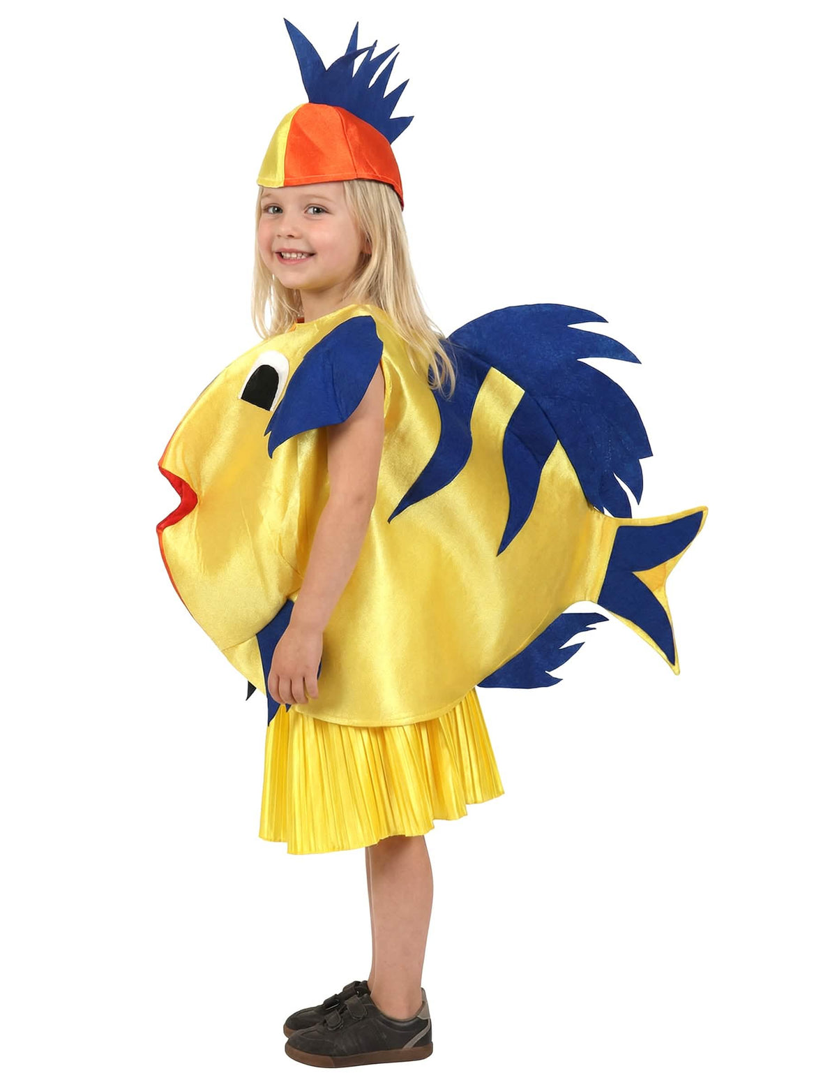 Fato de peixe tropical para criança amarelo e azul com toucado
