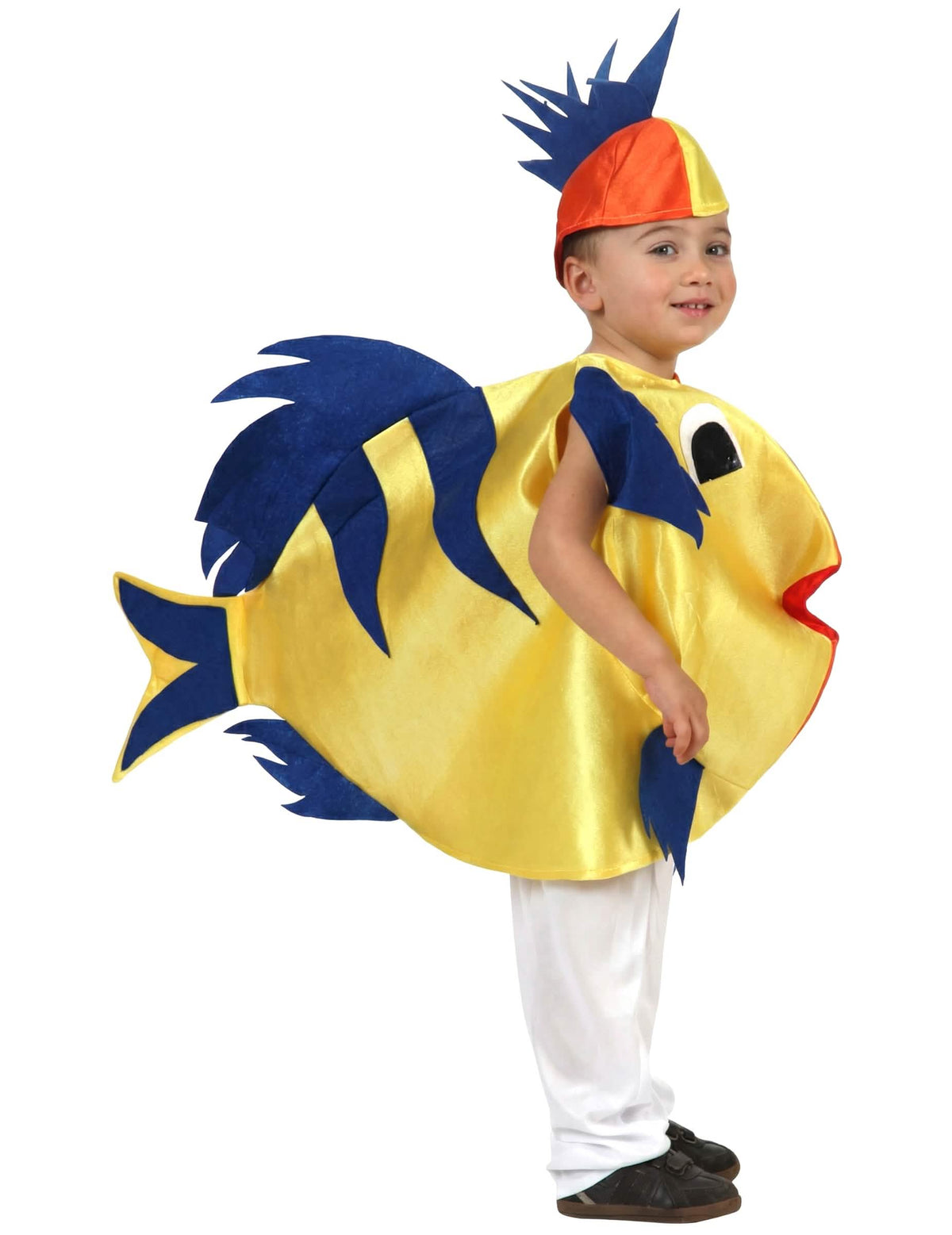 Fato de peixe tropical para criança amarelo e azul com chapéu