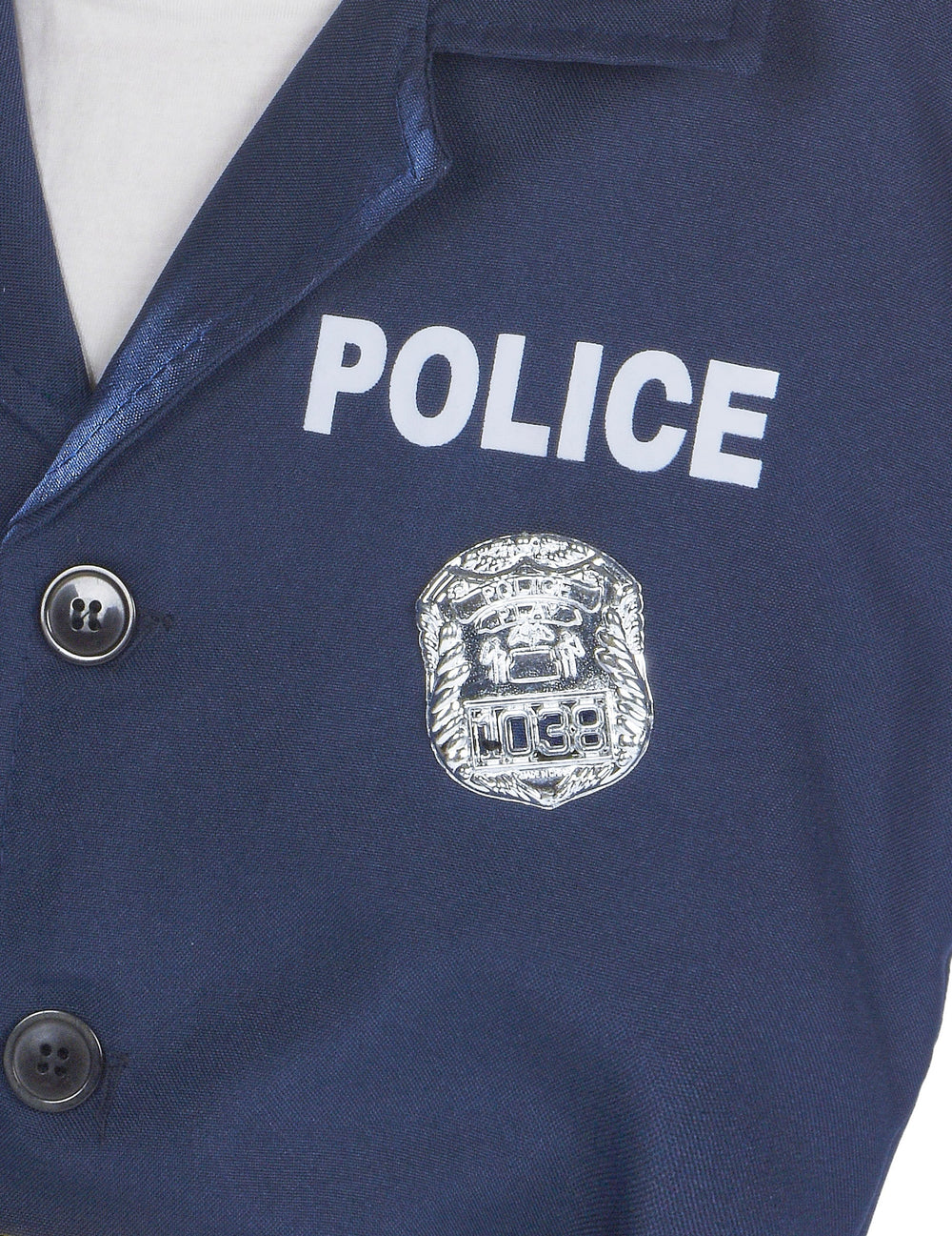Détail de l'inscription POLICE et du badge du déguisement policier luxe pour garçon
