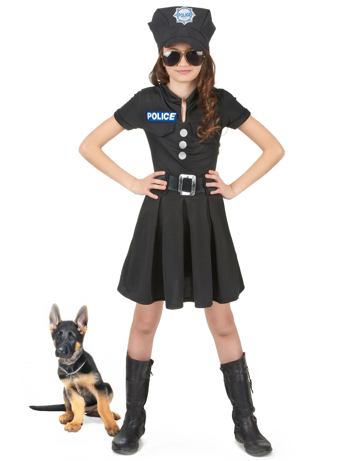 Déguisement de policière pour fille avec robe noire et casquette