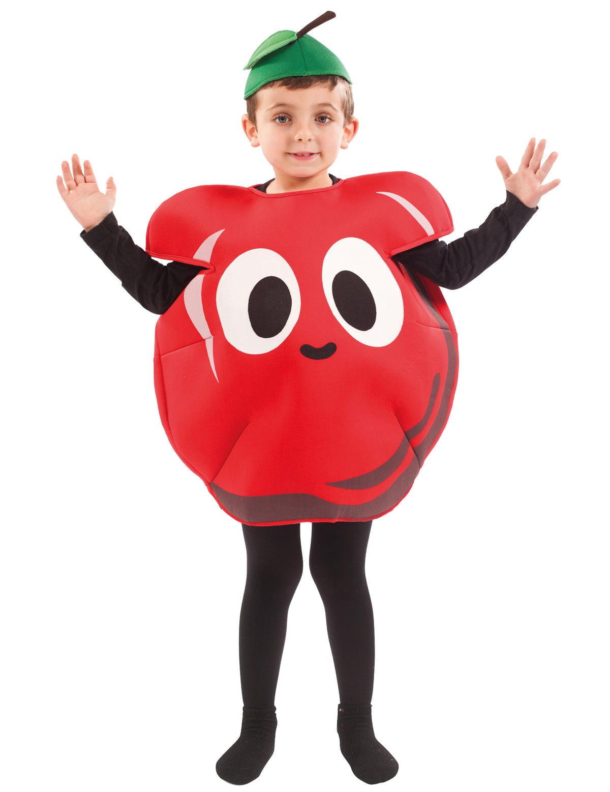 Déguisement pomme pour enfant rouge avec visage et chapeau vert