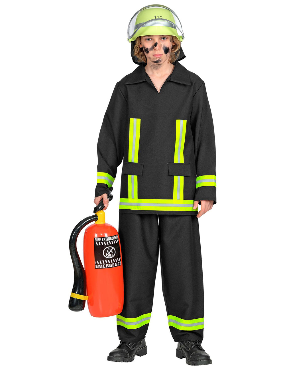 Déguisement de pompier Allemand pour enfant noir avec bandes réfléchissantes jaunes et casque