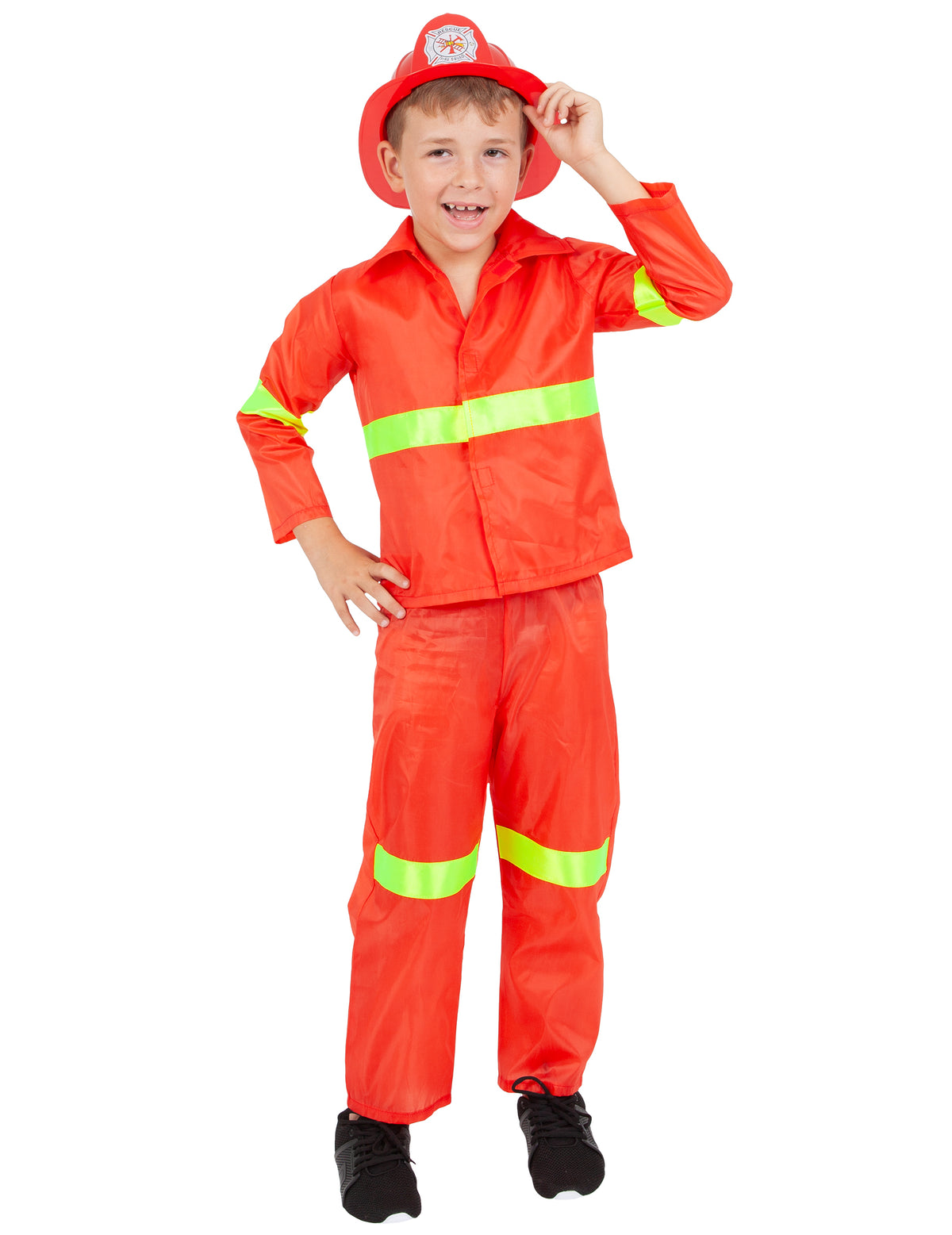 Déguisement de pompier pour enfant rouge avec bandes réfléchissantes et casque