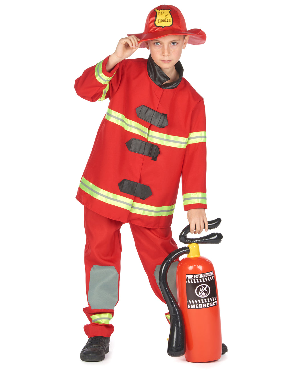 Déguisement de pompier pour enfant rouge avec bandes réfléchissantes et casque
