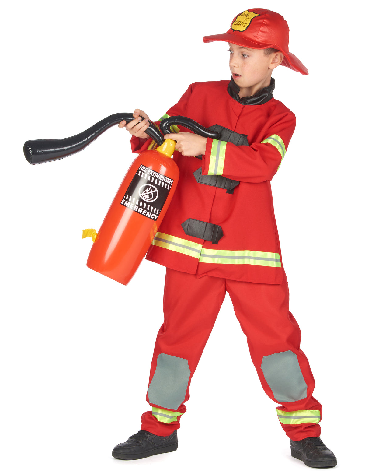 Déguisement de pompier pour enfant rouge avec chapeau et extincteur gonflable
