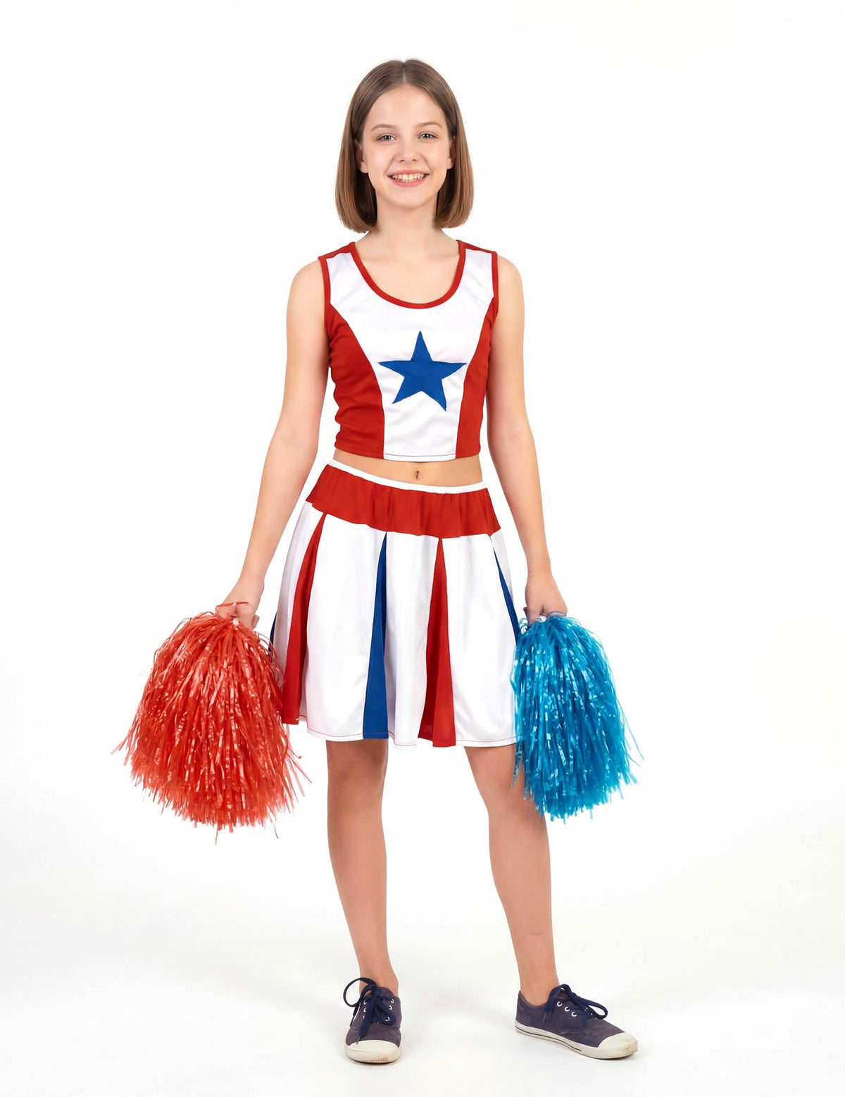 Fato de cheerleader estrela para menina vermelho branco e azul com pompons
