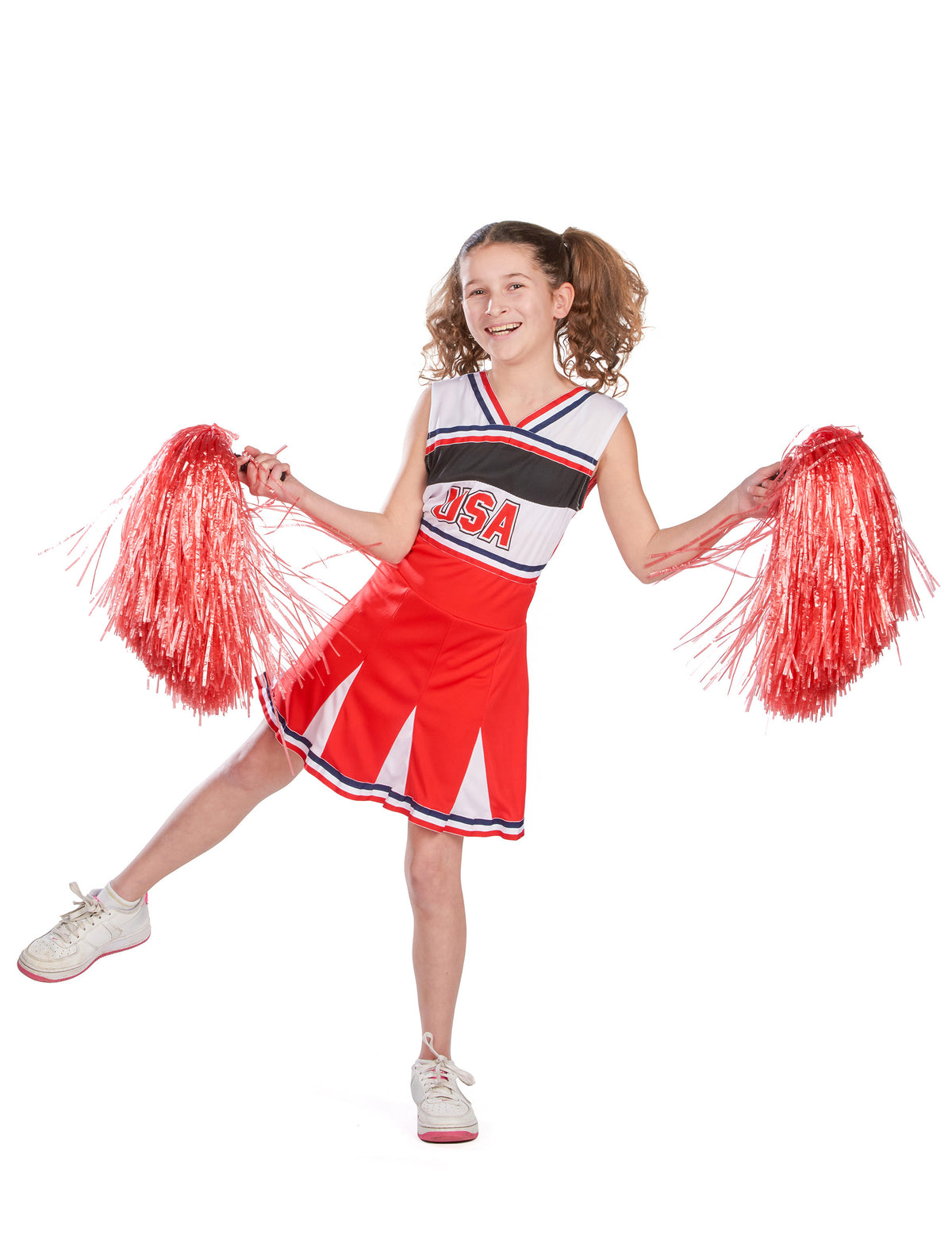 Pose de face avec pompons du déguisement pompom girl USA