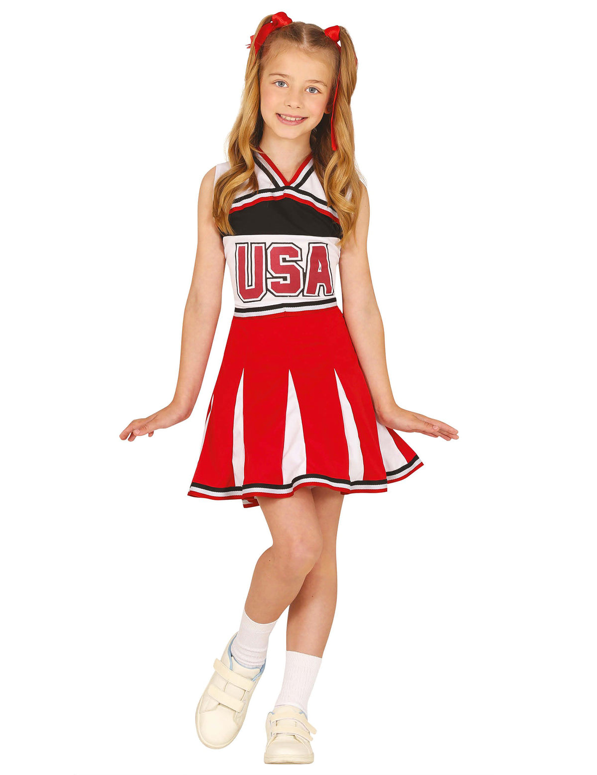Déguisement pompom girl USA pour fille rouge et blanc avec logo USA