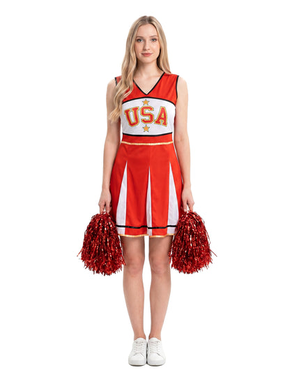 Fato de líder de claque americana vermelho para mulher