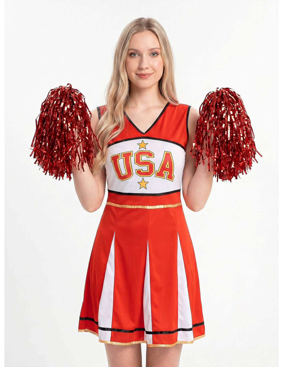 Fato de líder de claque americana vermelho para mulher