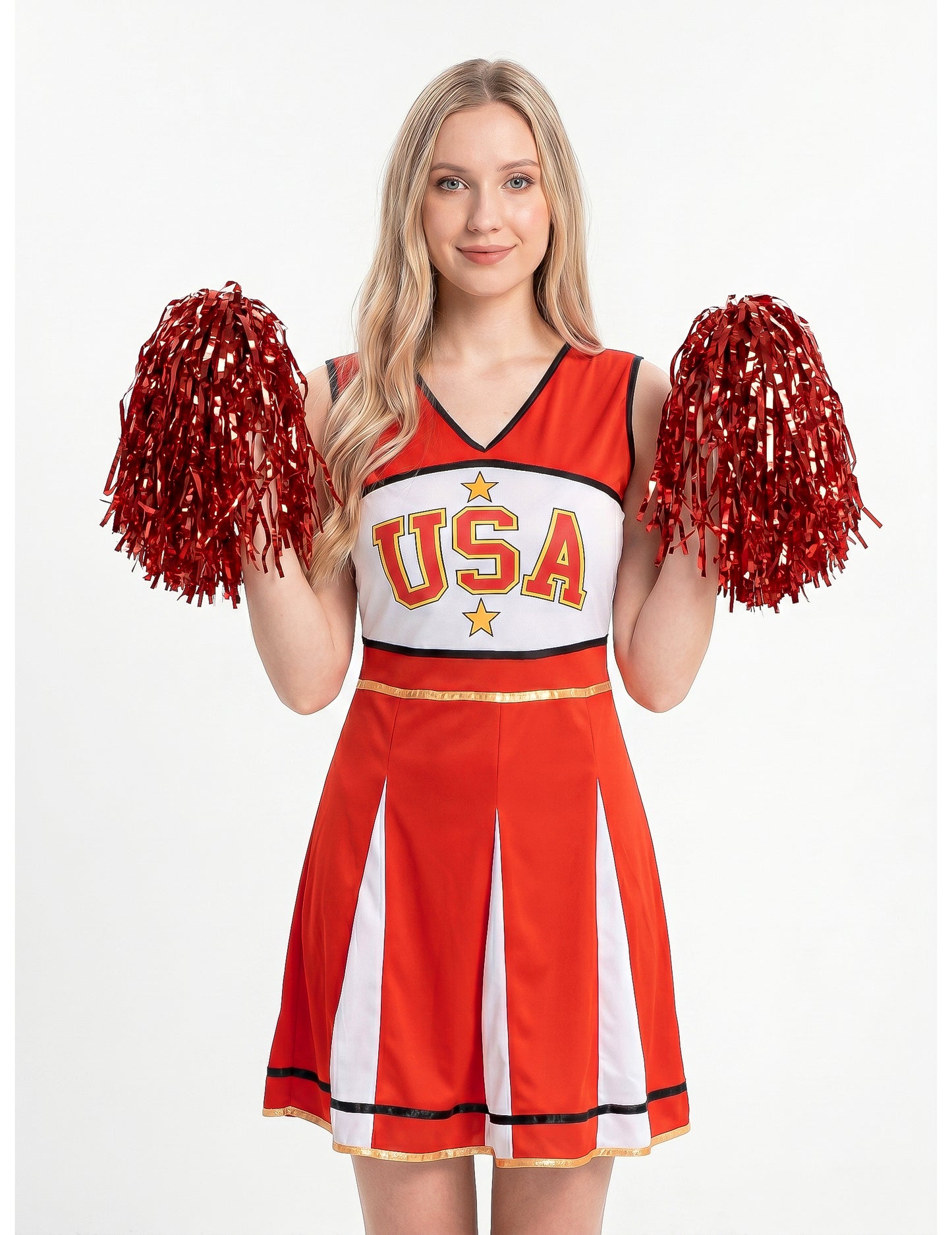 Fato de líder de claque americana vermelho para mulher