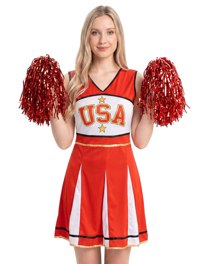Fato de líder de claque americana vermelho para mulher