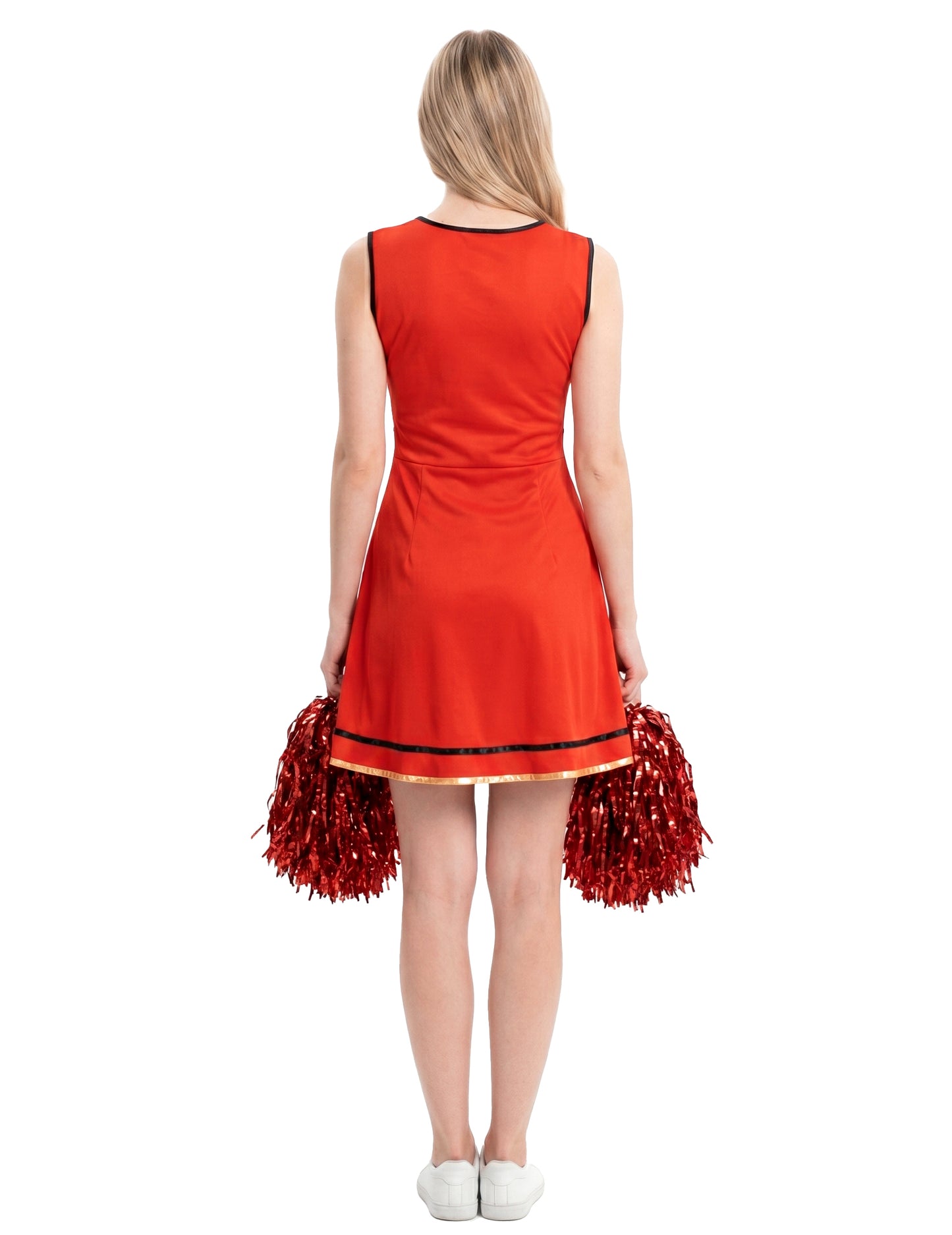 Fato de líder de claque americana vermelho para mulher