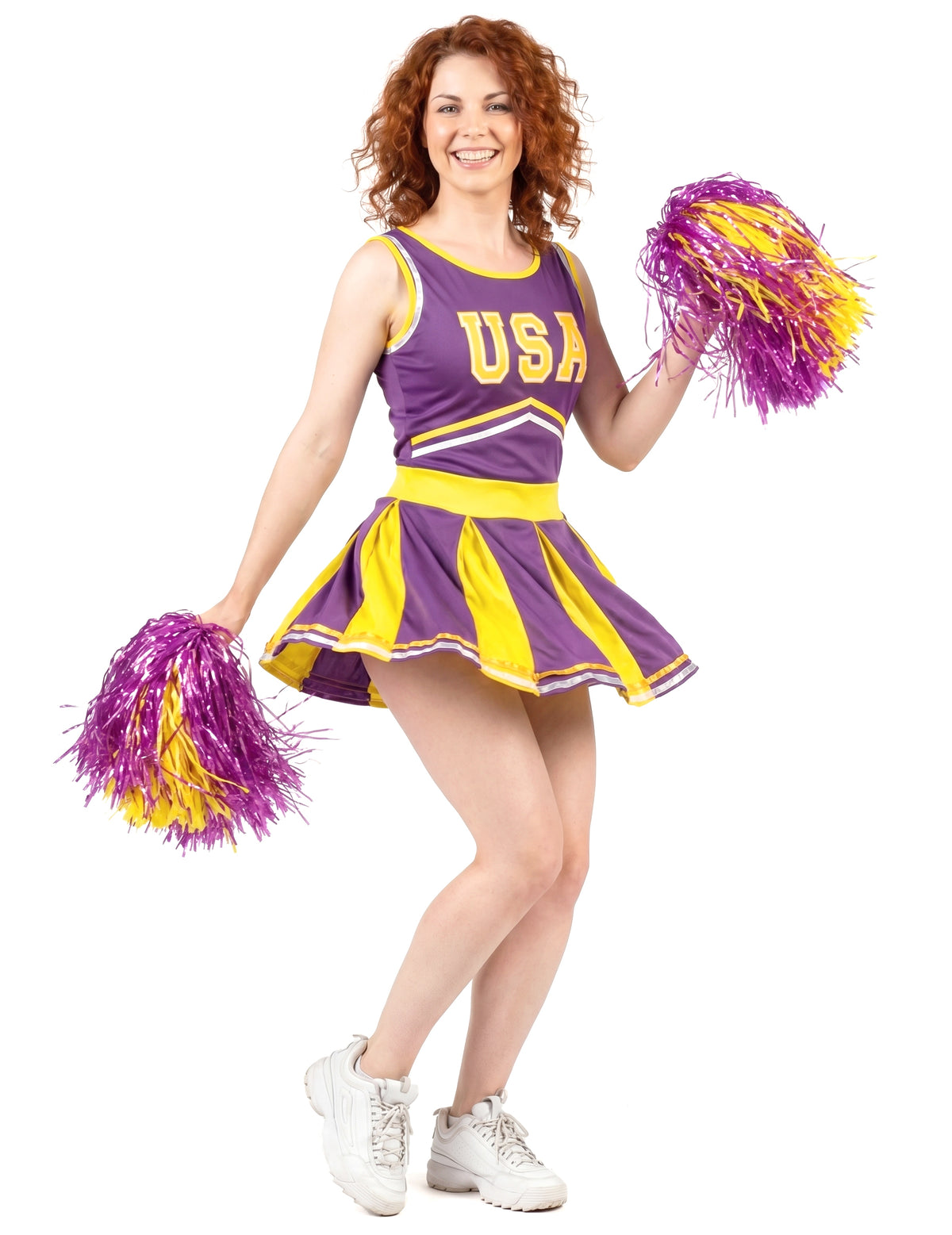 Disfarce pompom girl USA lilás e amarelo mulher