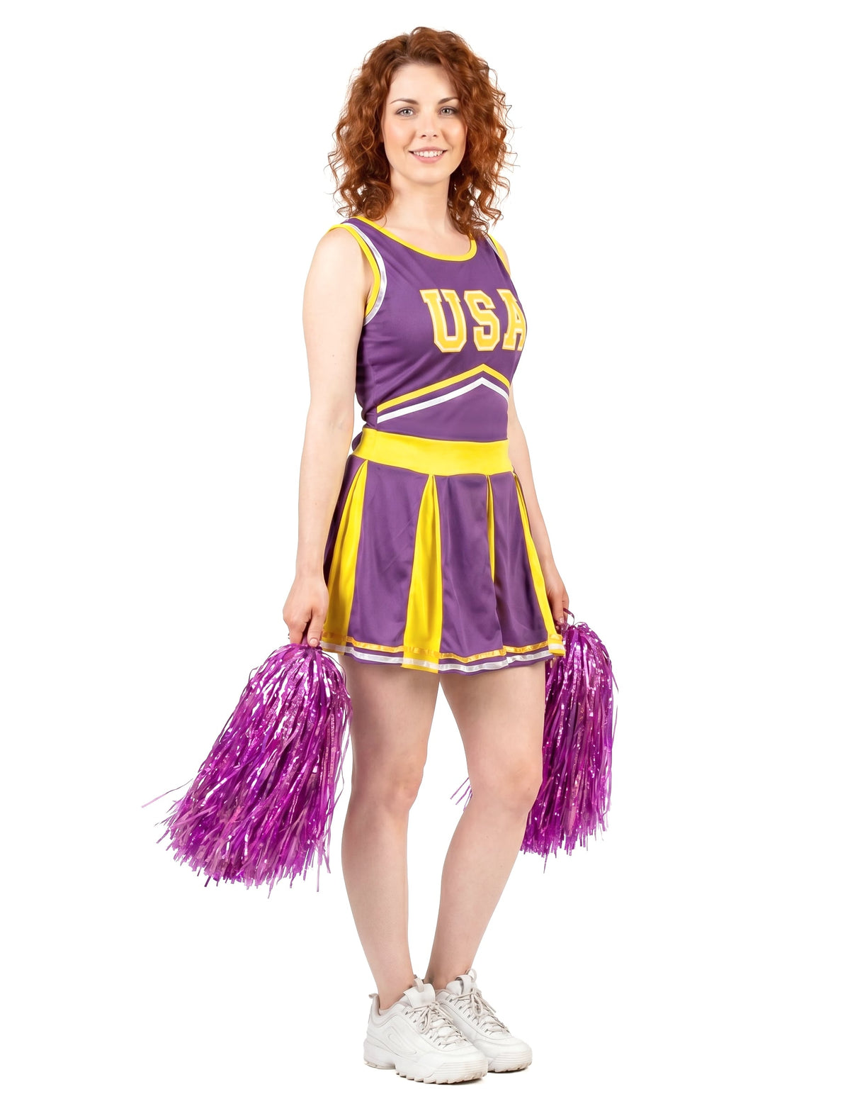 Disfarce pompom girl USA lilás e amarelo mulher
