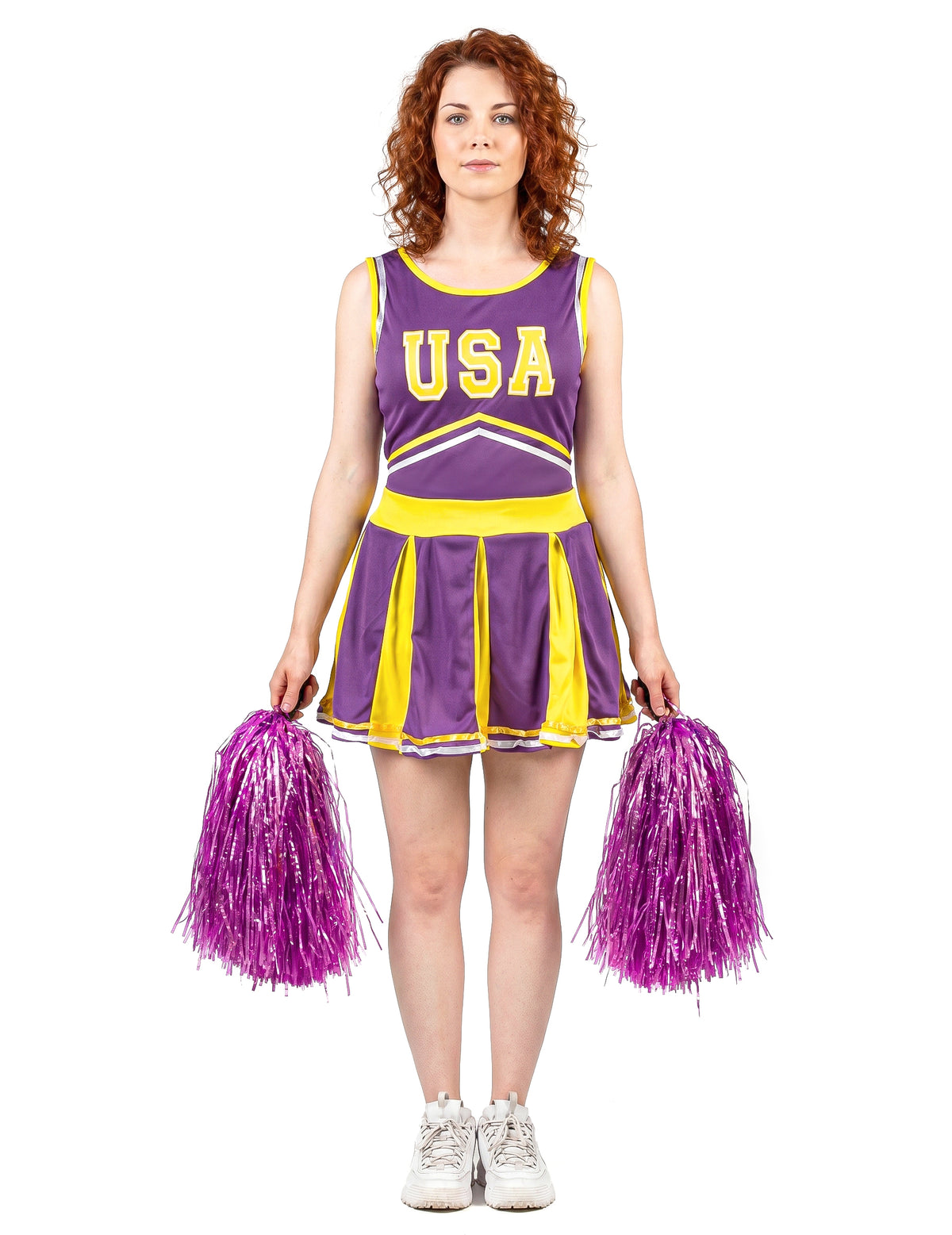 Disfarce pompom girl USA lilás e amarelo mulher
