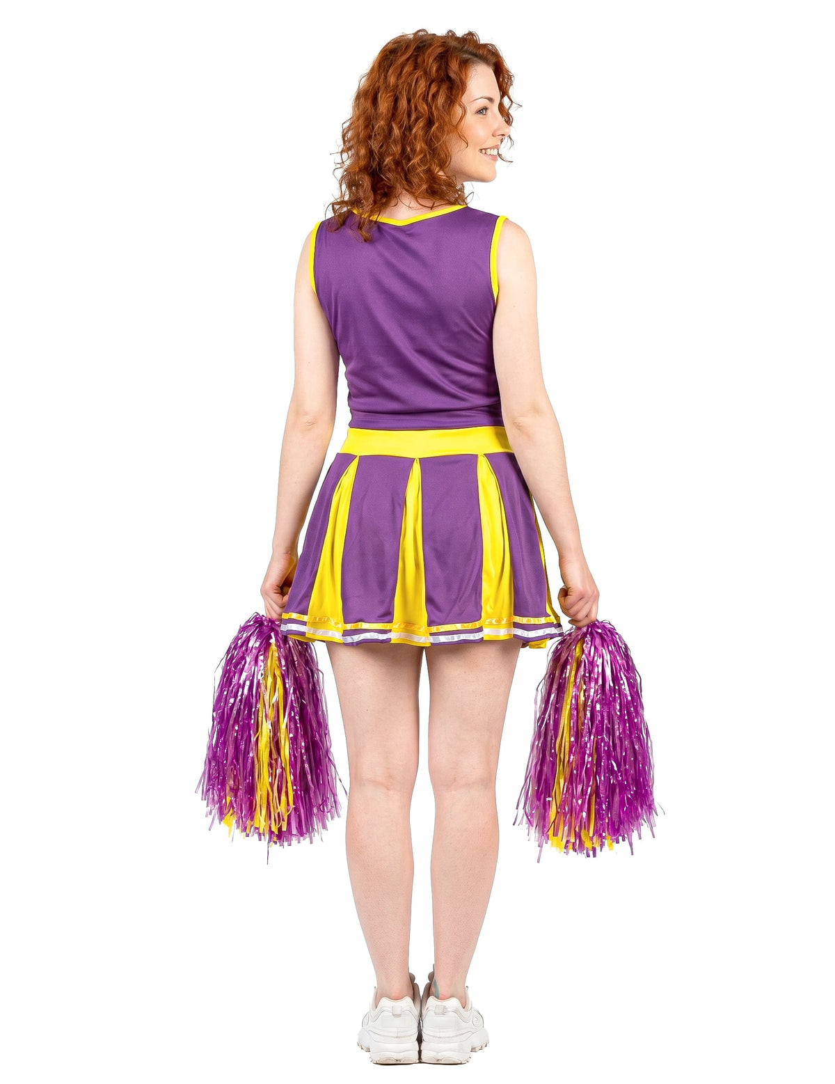 Disfarce pompom girl USA lilás e amarelo mulher