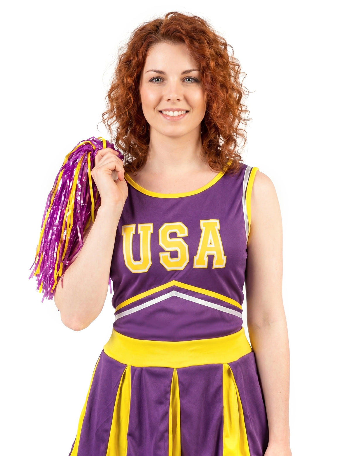 Disfarce pompom girl USA lilás e amarelo mulher