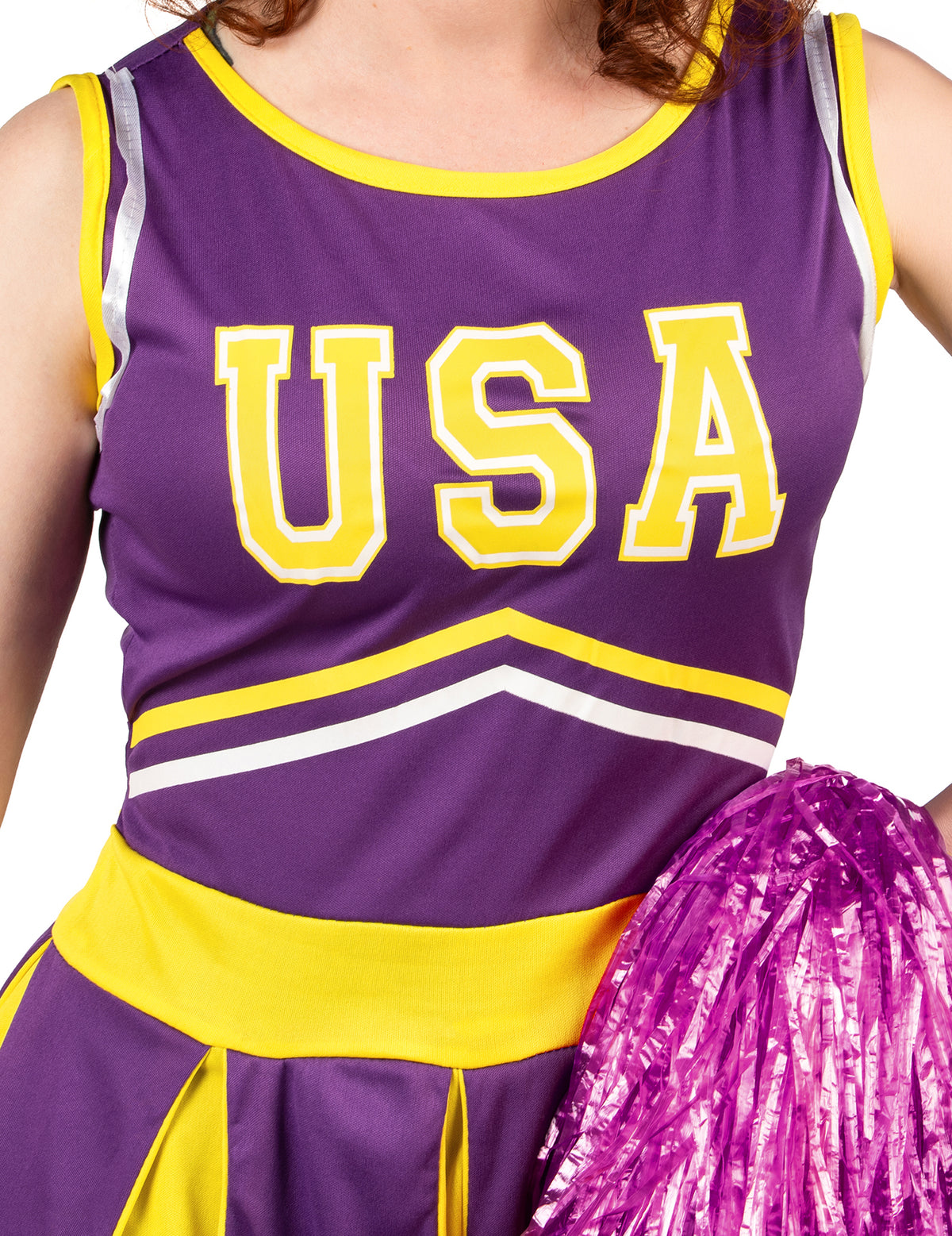 Disfarce pompom girl USA lilás e amarelo mulher