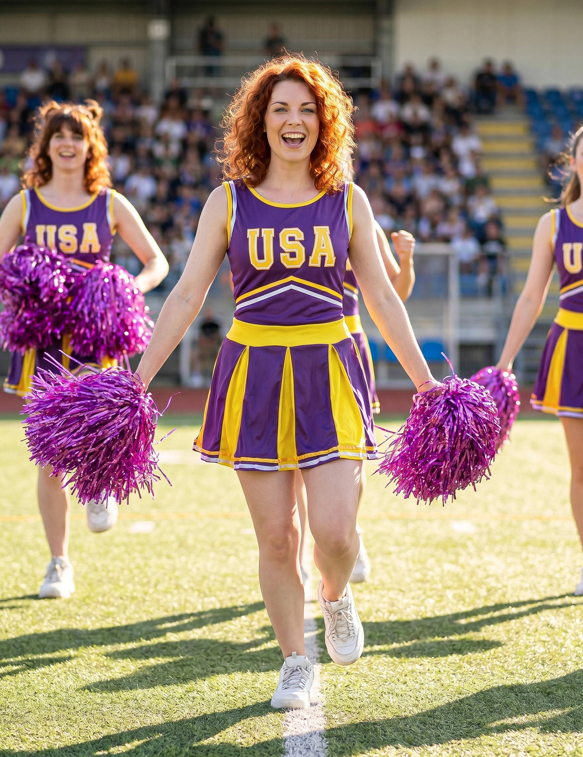 Disfarce pompom girl USA lilás e amarelo mulher